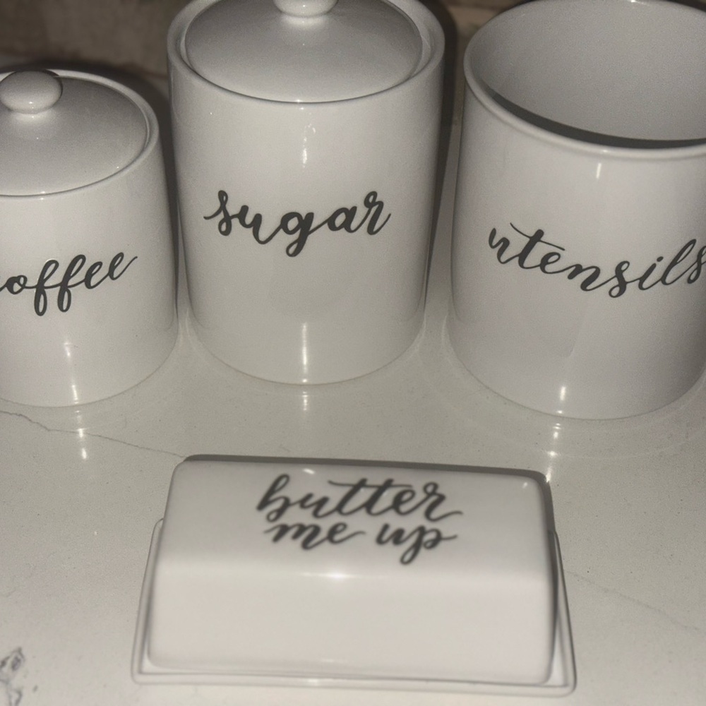 White Ceramic Kitchen Canister Set with Script Labels - Sugar, Coffee, Utensils - Picture 2 of 2